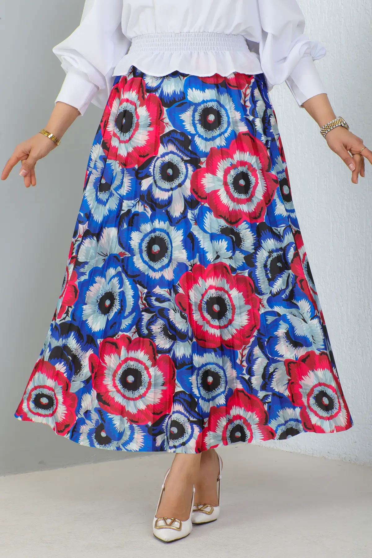 4558 Desenli Tesettür Etek Saks Mavisi-detail