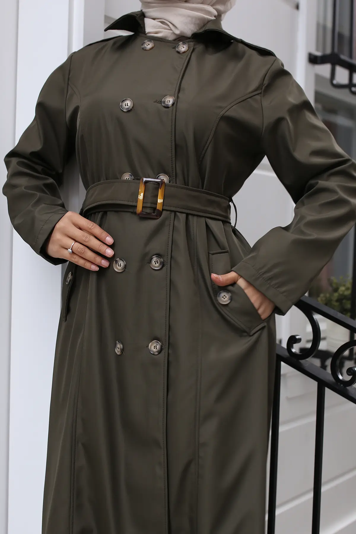 4901 Kuşaklı Trençkot Haki-detail
