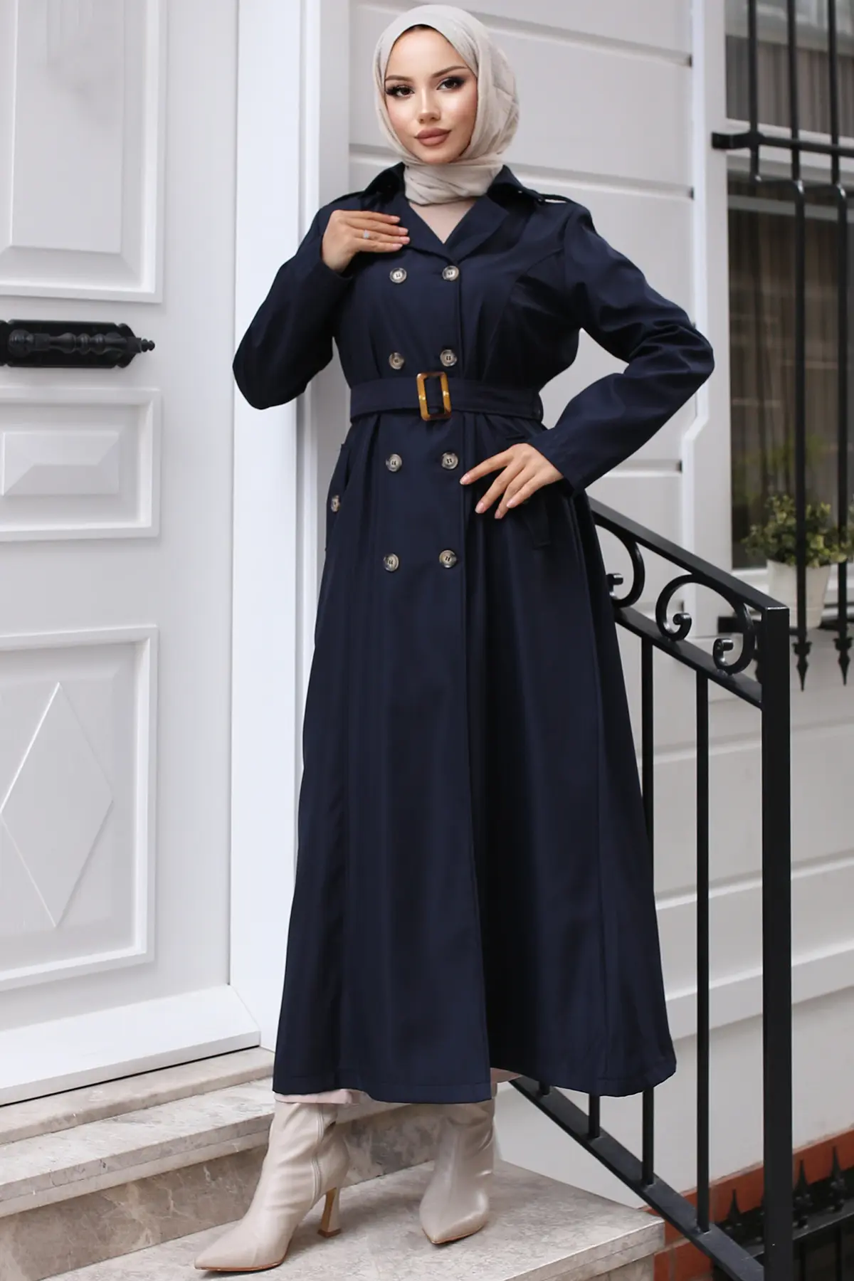 4901 Kuşaklı Trençkot Lacivert-detail