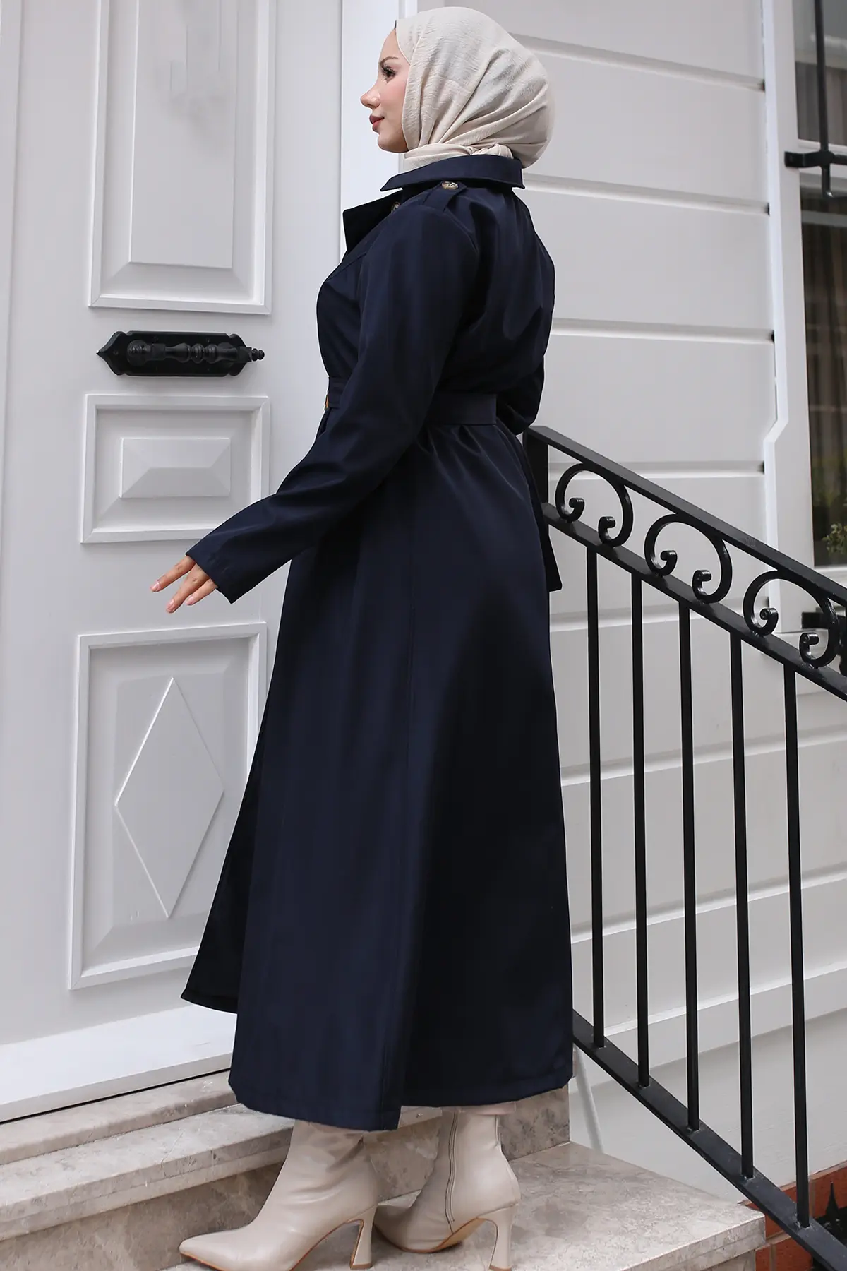 4901 Kuşaklı Trençkot Lacivert-detail