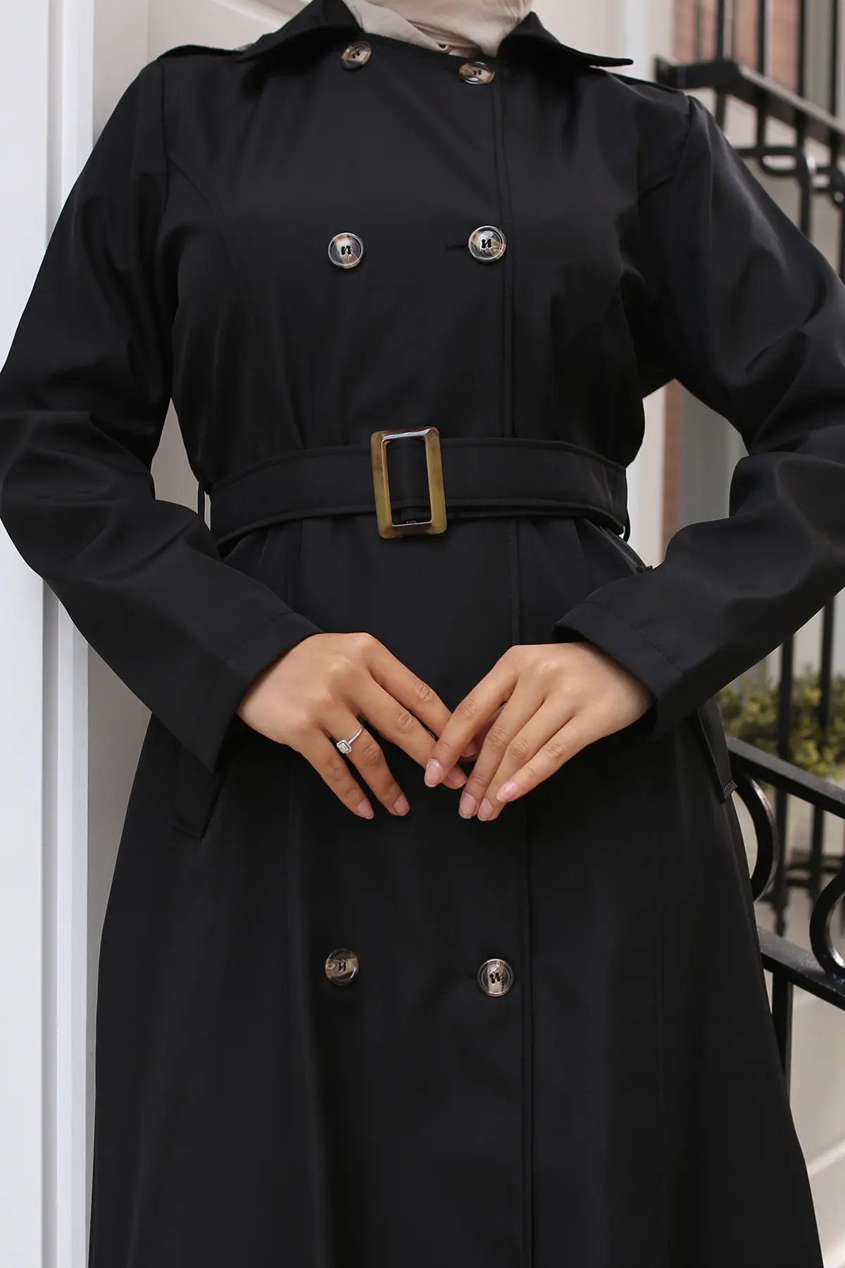 4901 Kuşaklı Trençkot Siyah-detail