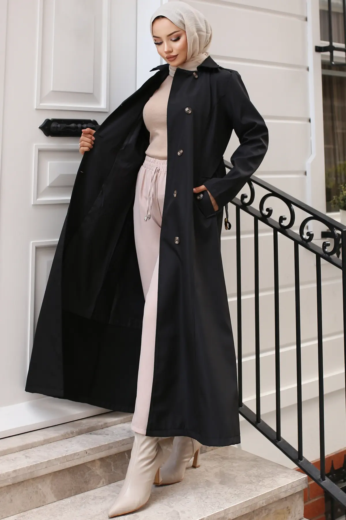 4901 Kuşaklı Trençkot Siyah-detail