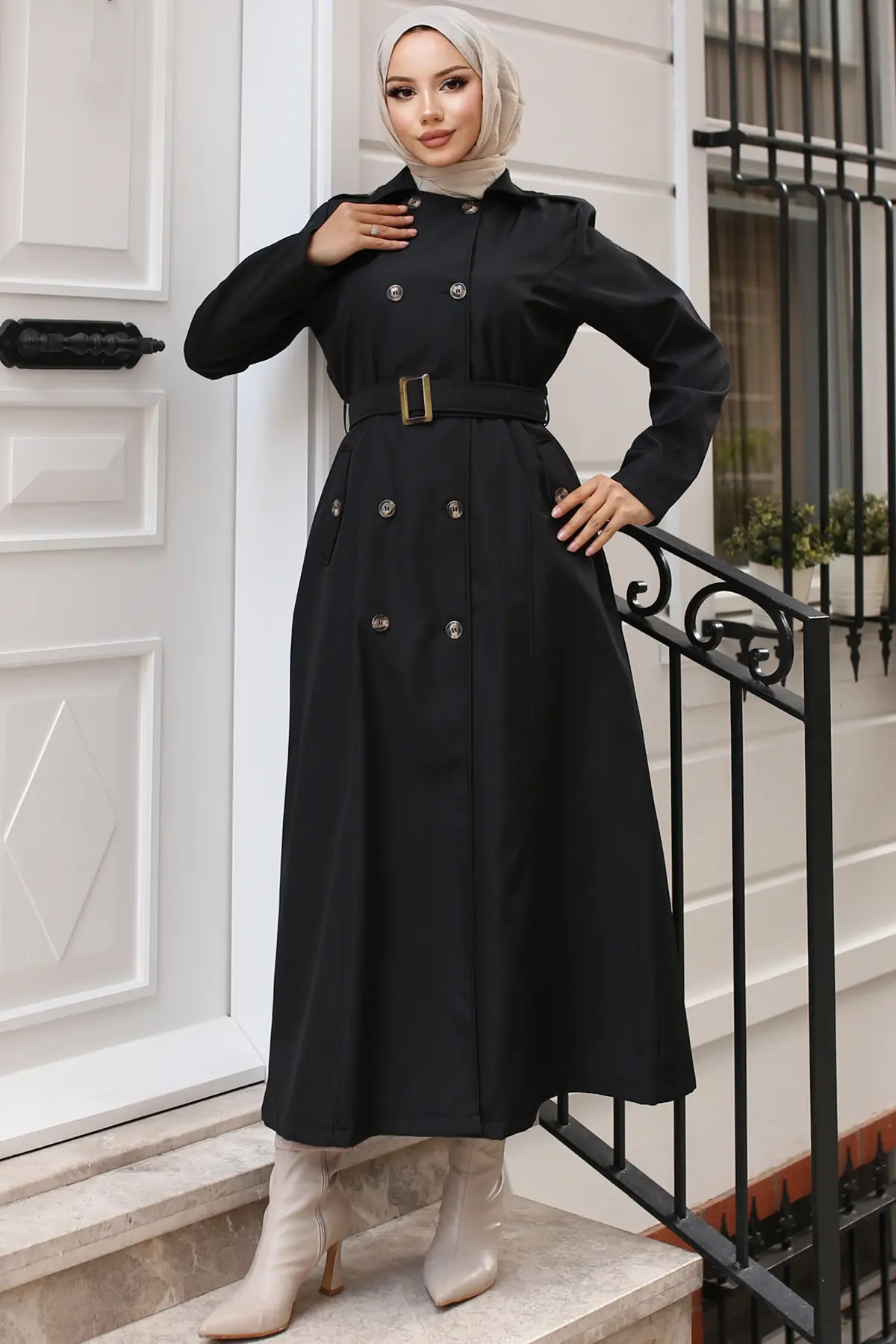 4901 Kuşaklı Trençkot Siyah-detail