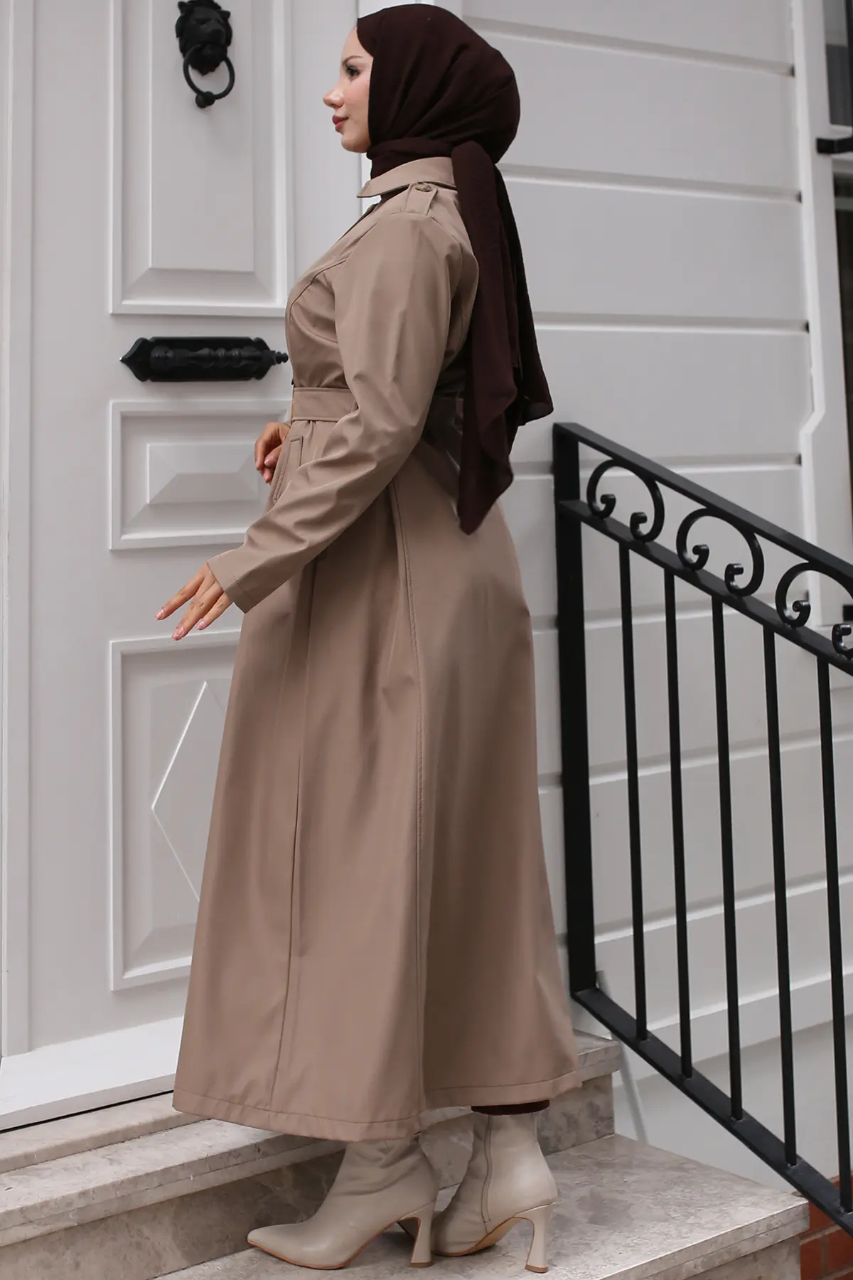 4901 Kuşaklı Trençkot Vizon-detail