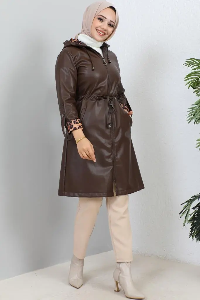 5012 Kısa Deri Trençkot Kahverengi-detail