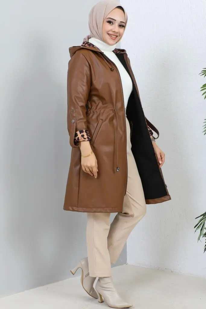 5012 Kısa Deri Trençkot Taba-detail