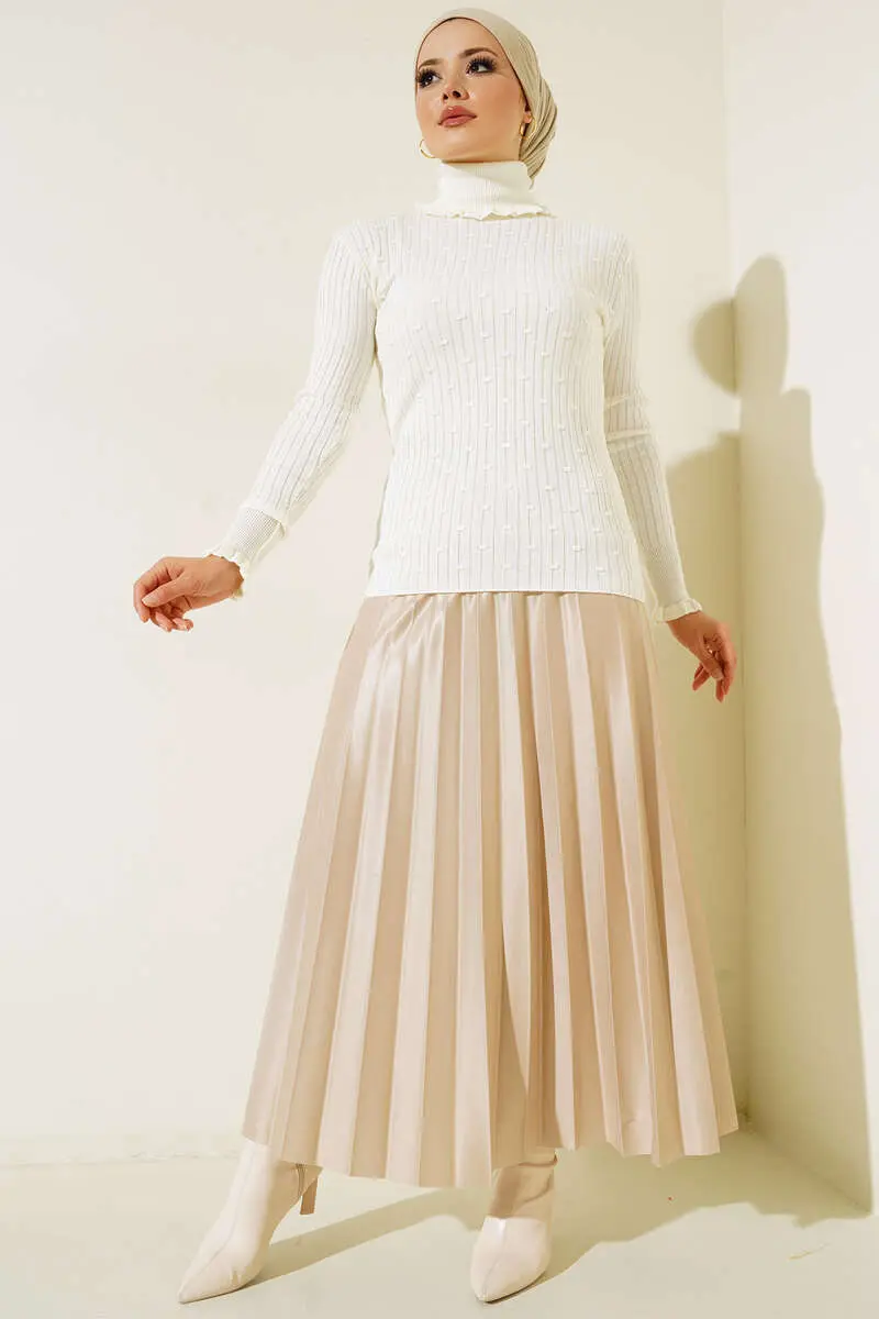 5016 Boğazı Ve Kolu Fırfırlı Balıkçı Yaka Triko Bady Ekru-detail