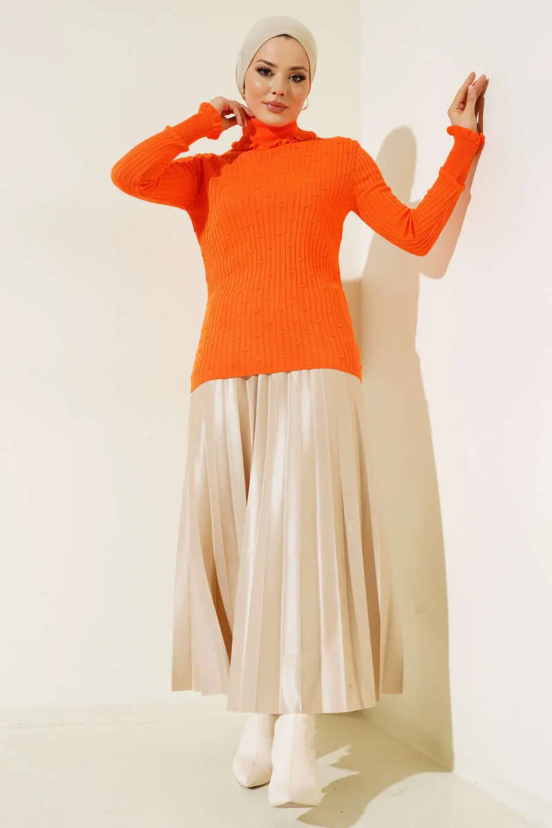 5016 Boğazı Ve Kolu Fırfırlı Balıkçı Yaka Triko Bady Oranj-detail