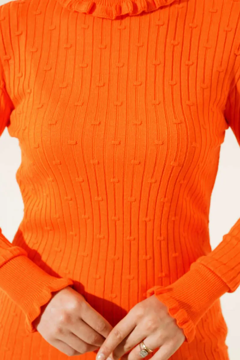 5016 Boğazı Ve Kolu Fırfırlı Balıkçı Yaka Triko Bady Oranj-detail