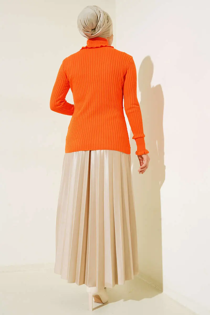 5016 Boğazı Ve Kolu Fırfırlı Balıkçı Yaka Triko Bady Oranj-detail