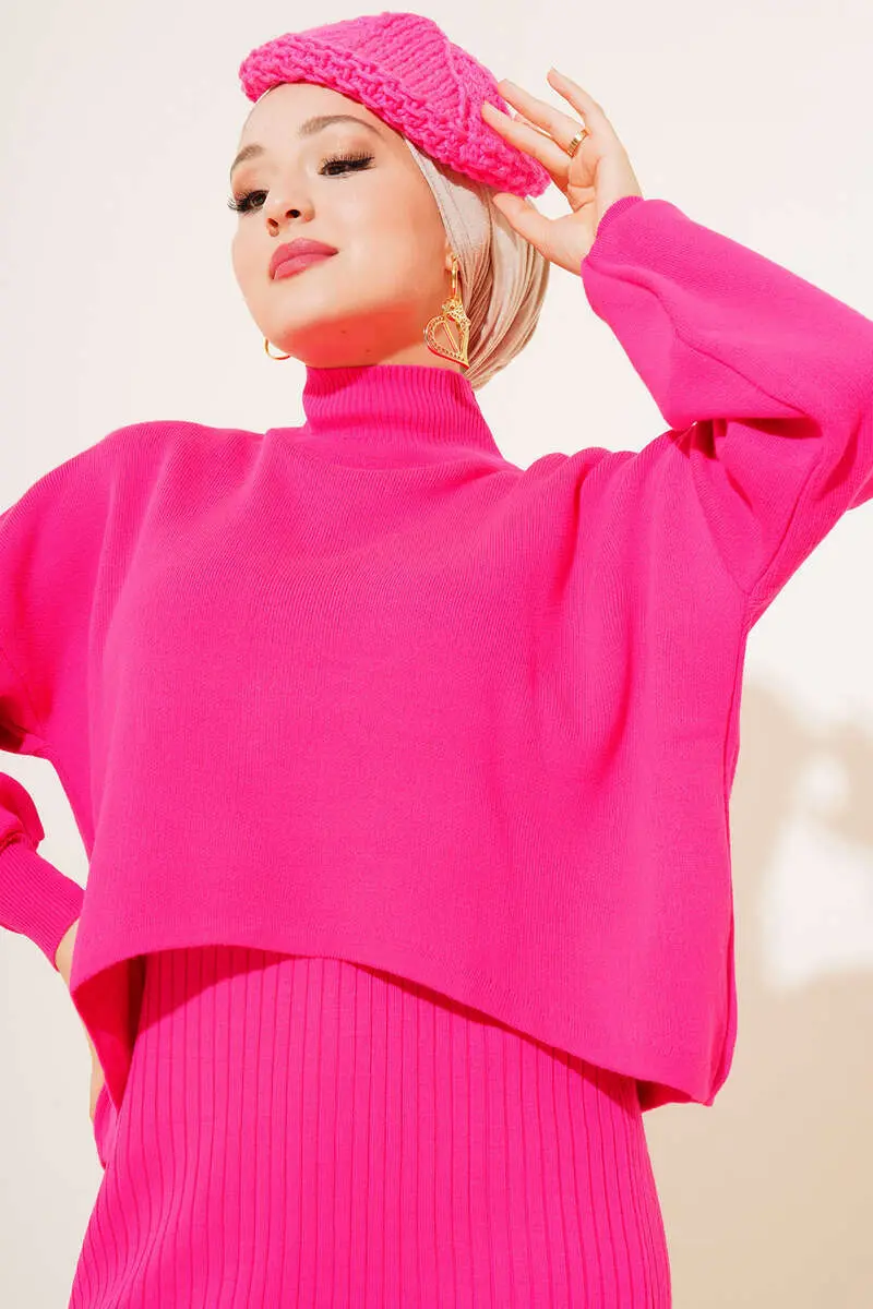 5104 Balıkçı Yaka Kazak Jile Triko İkili Takım Fuşya-detail