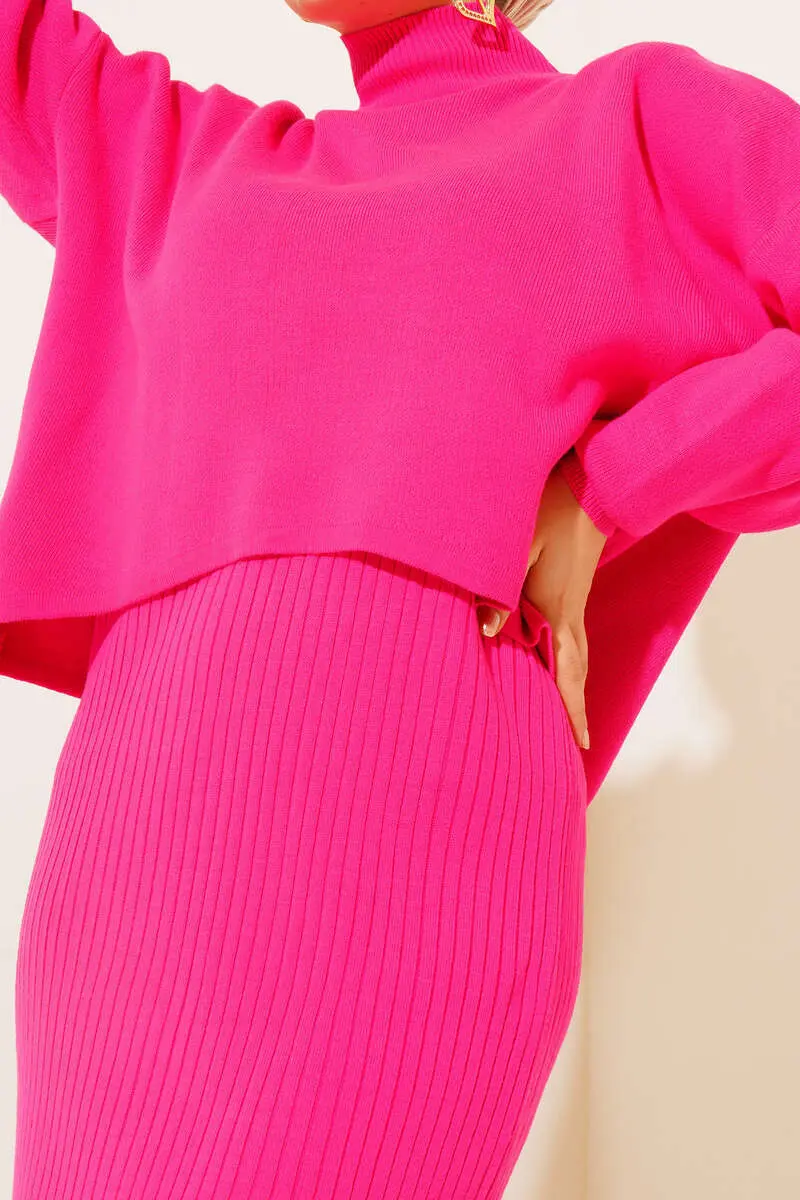 5104 Balıkçı Yaka Kazak Jile Triko İkili Takım Fuşya-detail