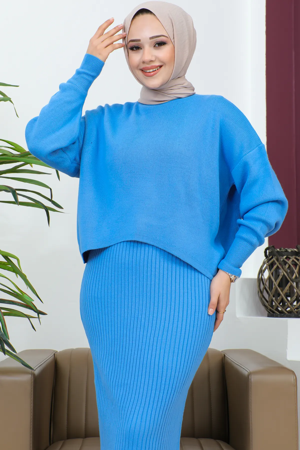 5104 Balıkçı Yaka Kazak Jile Triko İkili Takım Mavi-detail