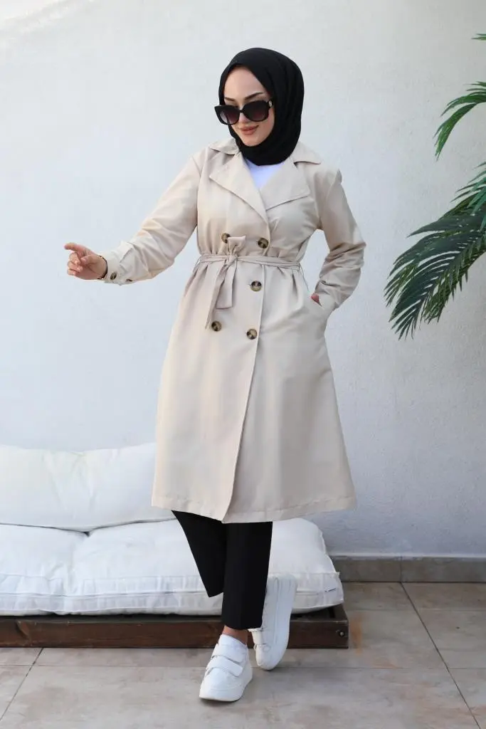 5853 Boyfriend Tesettür Trençkot Bej-detail