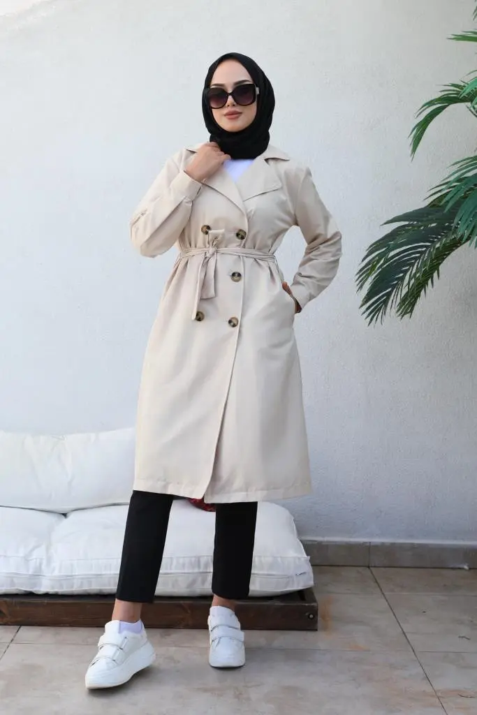 5853 Boyfriend Tesettür Trençkot Bej-detail