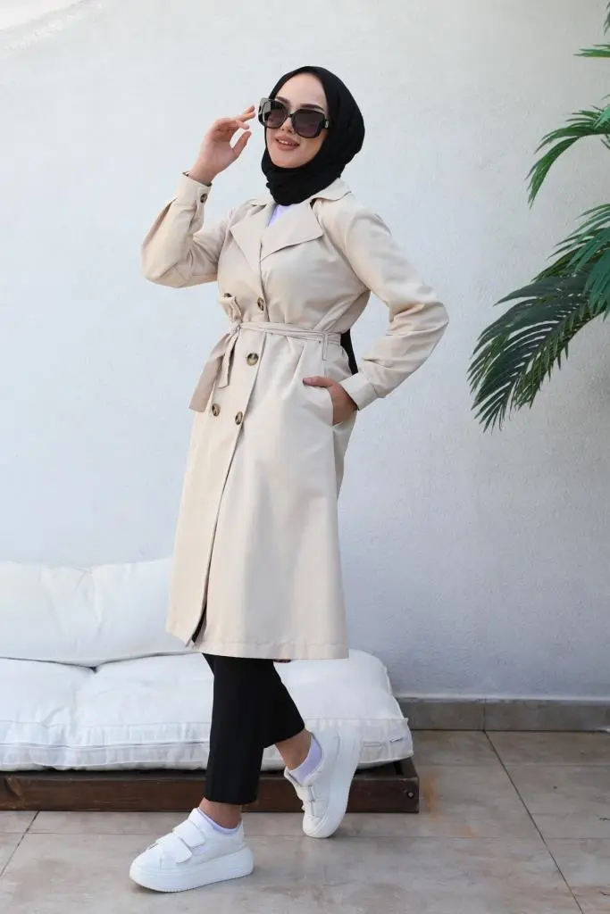 5853 Boyfriend Tesettür Trençkot Bej-detail