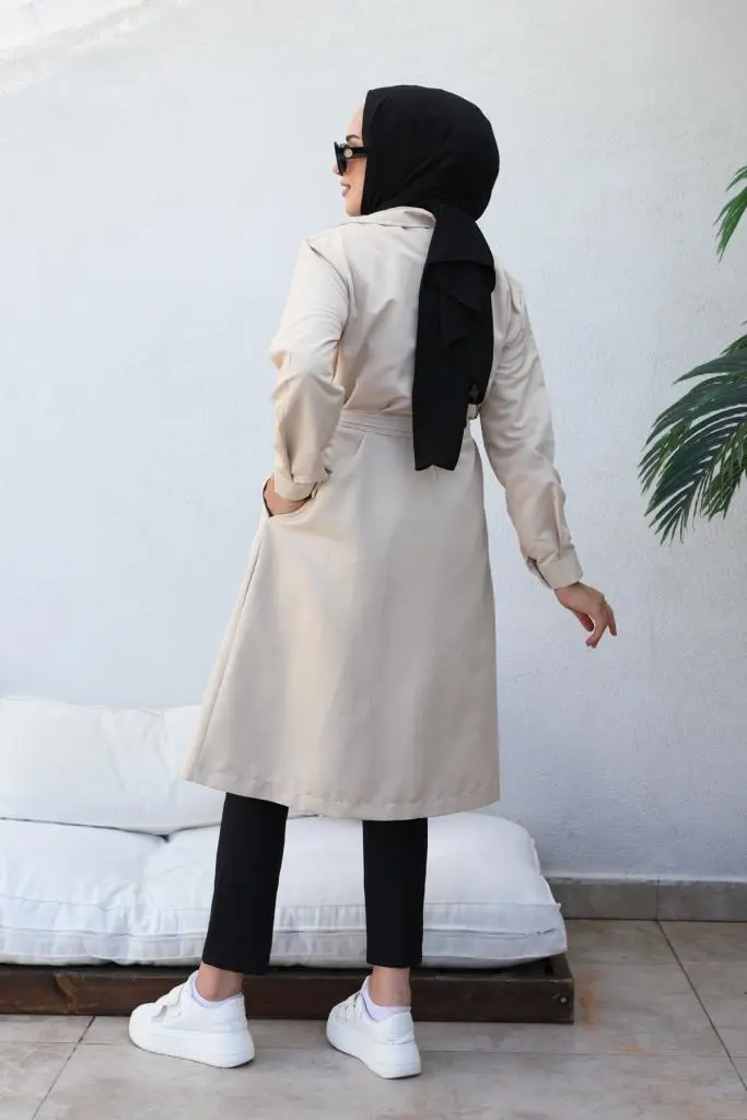 5853 Boyfriend Tesettür Trençkot Bej-detail