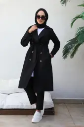 5853 Boyfriend Tesettür Trençkot Siyah