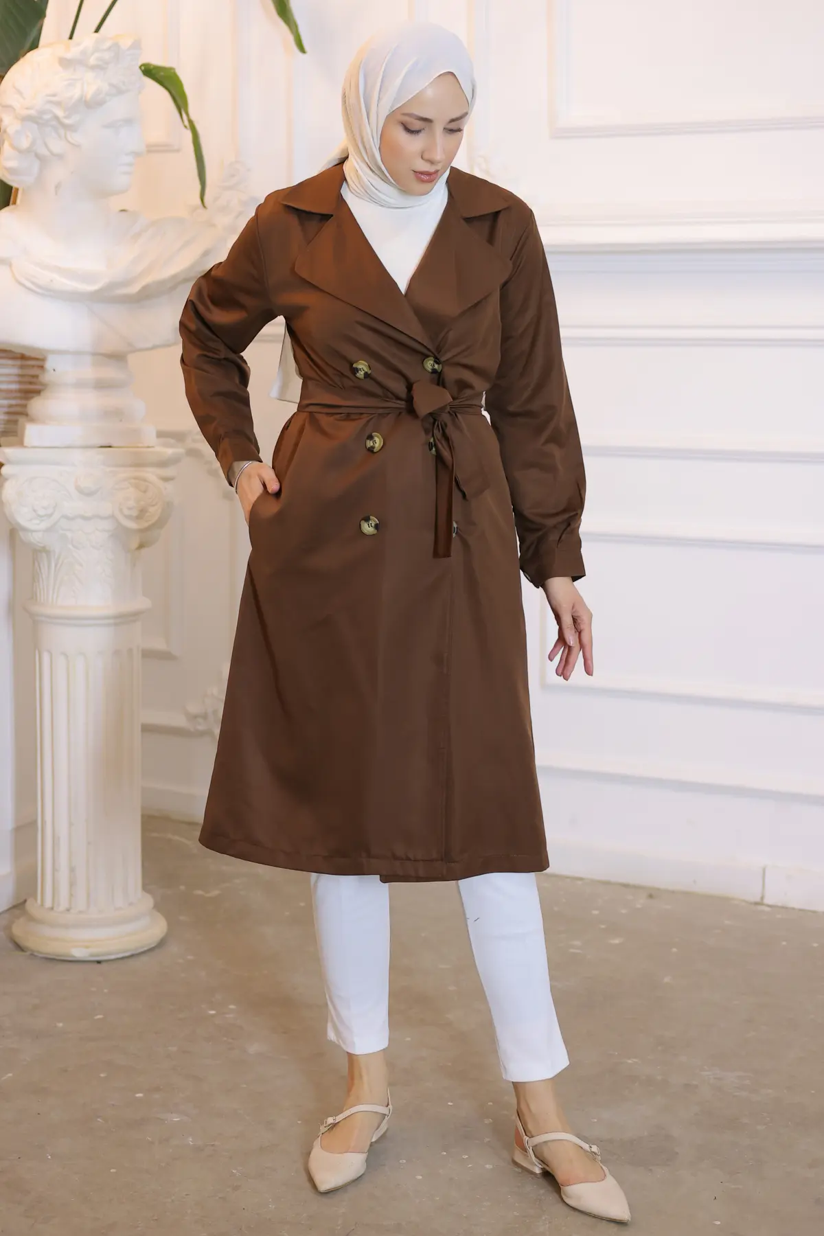 5853 Tesettür Trençkot Kahverengi-detail