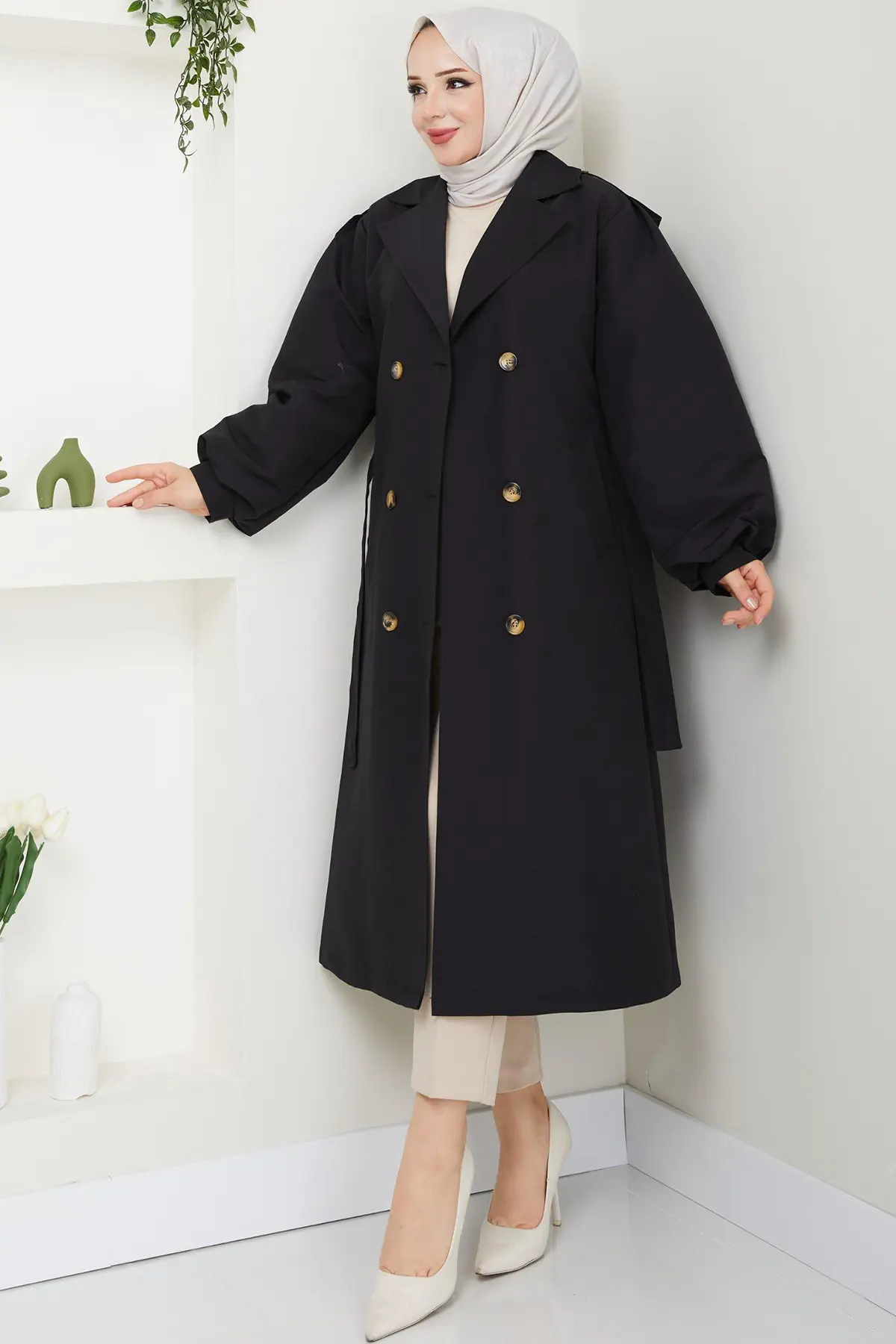 5854 Kuşaklı Trençkot Siyah-detail