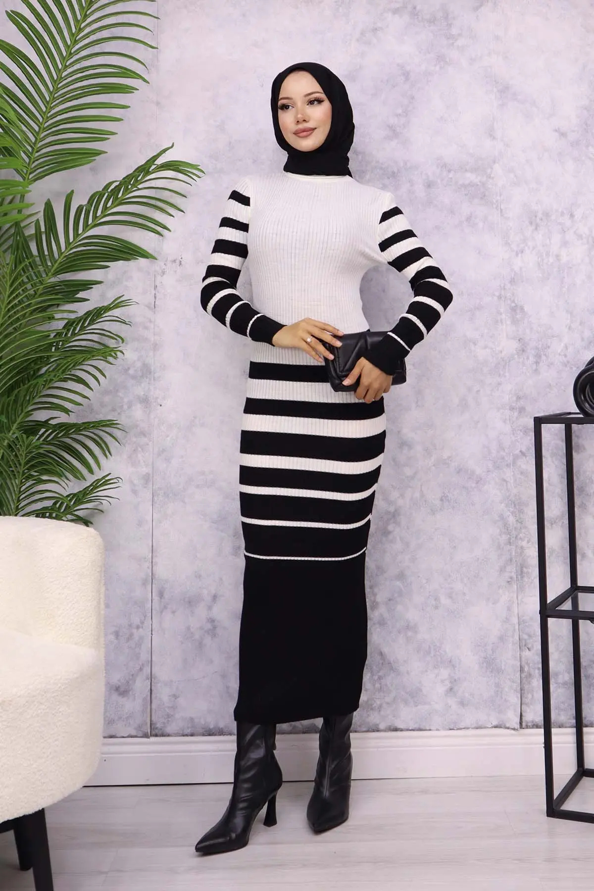 6041 Balıkçı Yaka Triko Elbise Ekru-detail