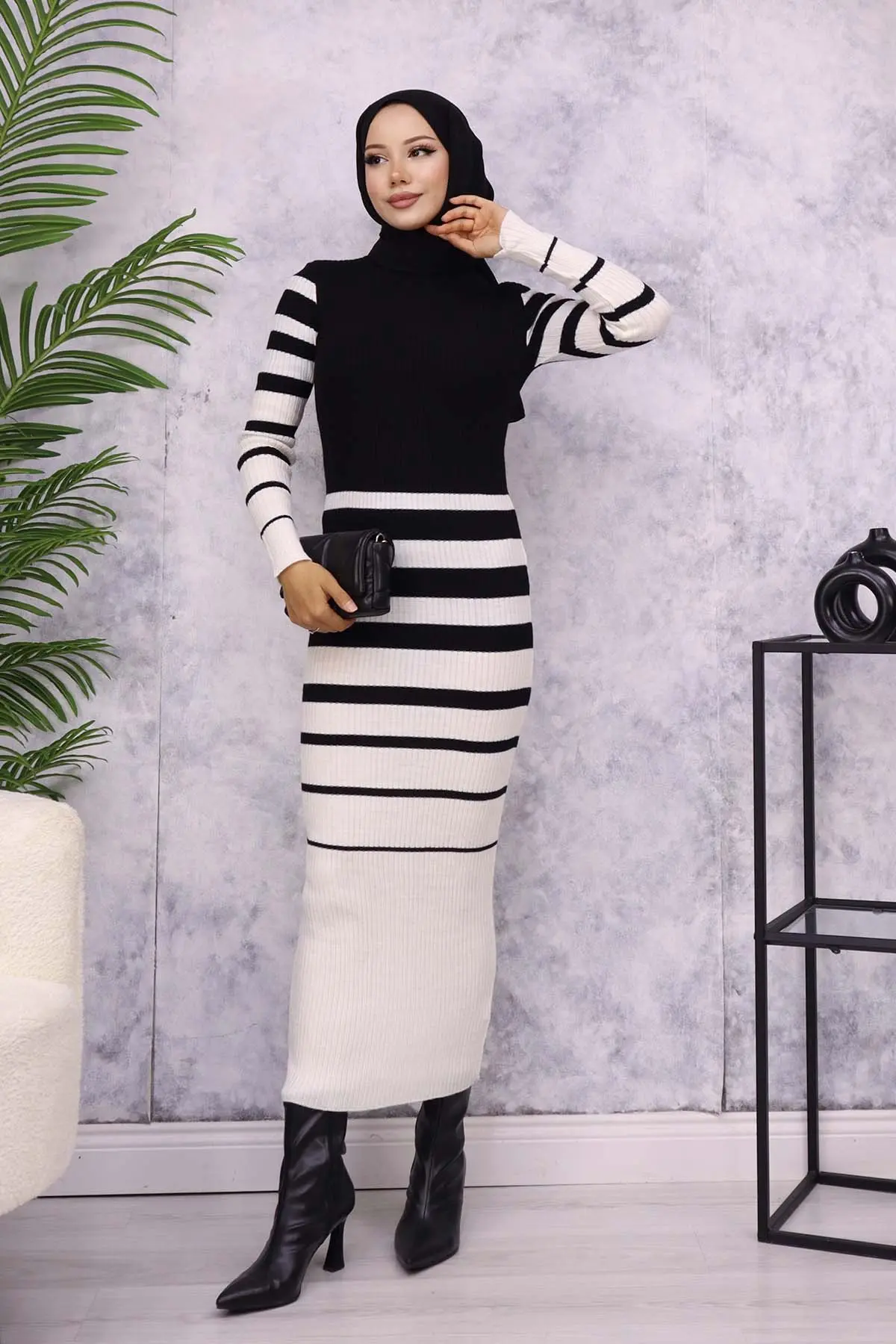 6041 Balıkçı Yaka Triko Elbise Siyah-detail