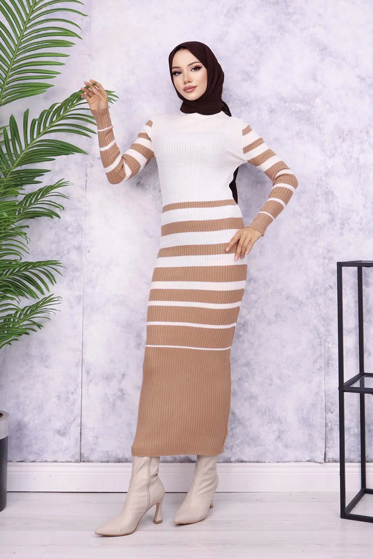 6041 Balıkçı Yaka Triko Elbise Vizon-detail