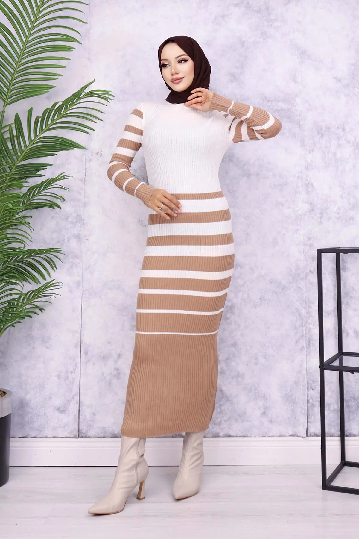 6041 Balıkçı Yaka Triko Elbise Vizon-detail