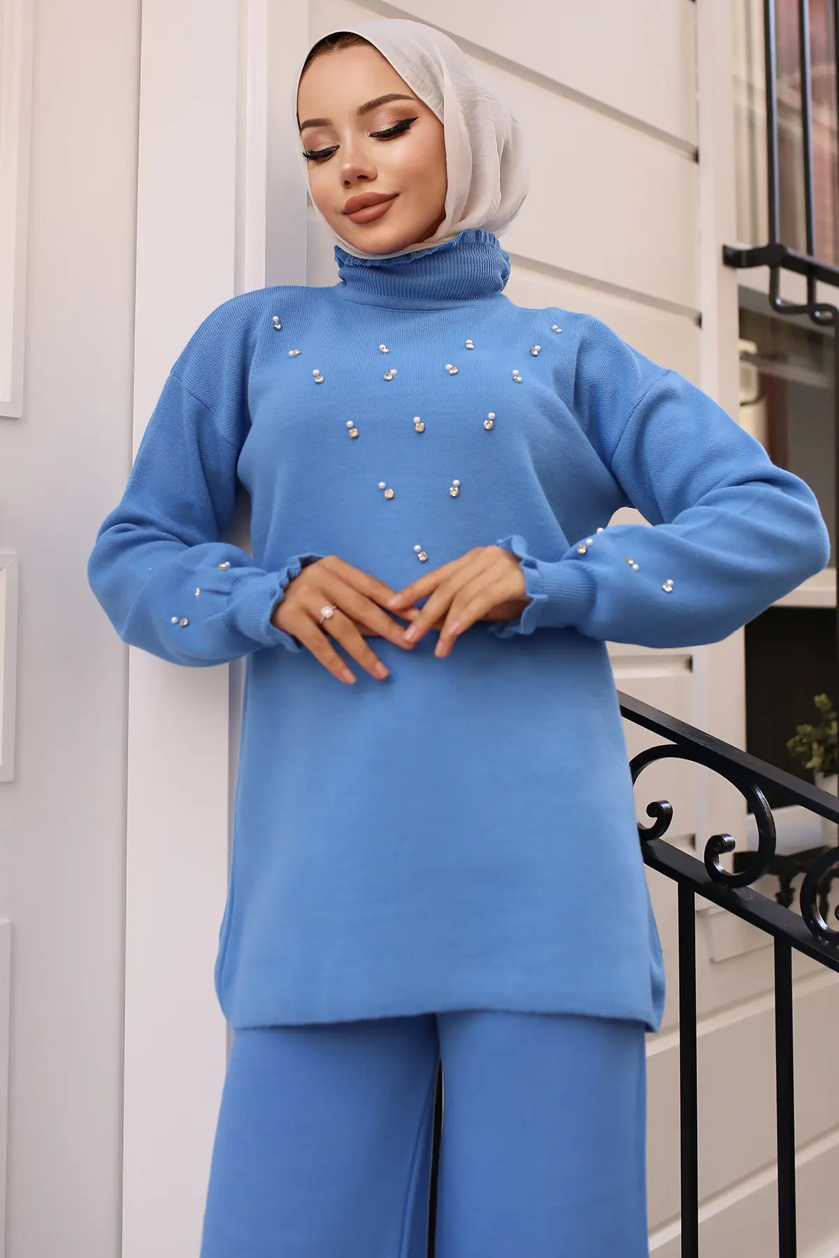 6077 Taş Detaylı Triko Takım Mavi-detail