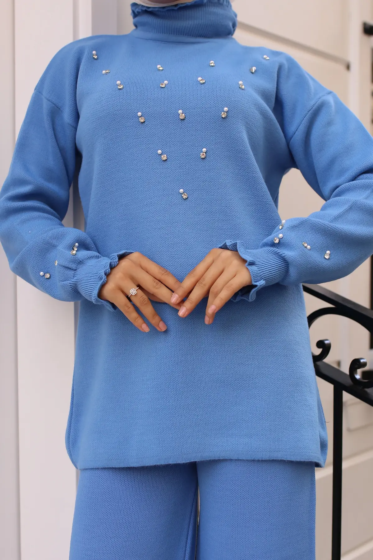 6077 Taş Detaylı Triko Takım Mavi-detail