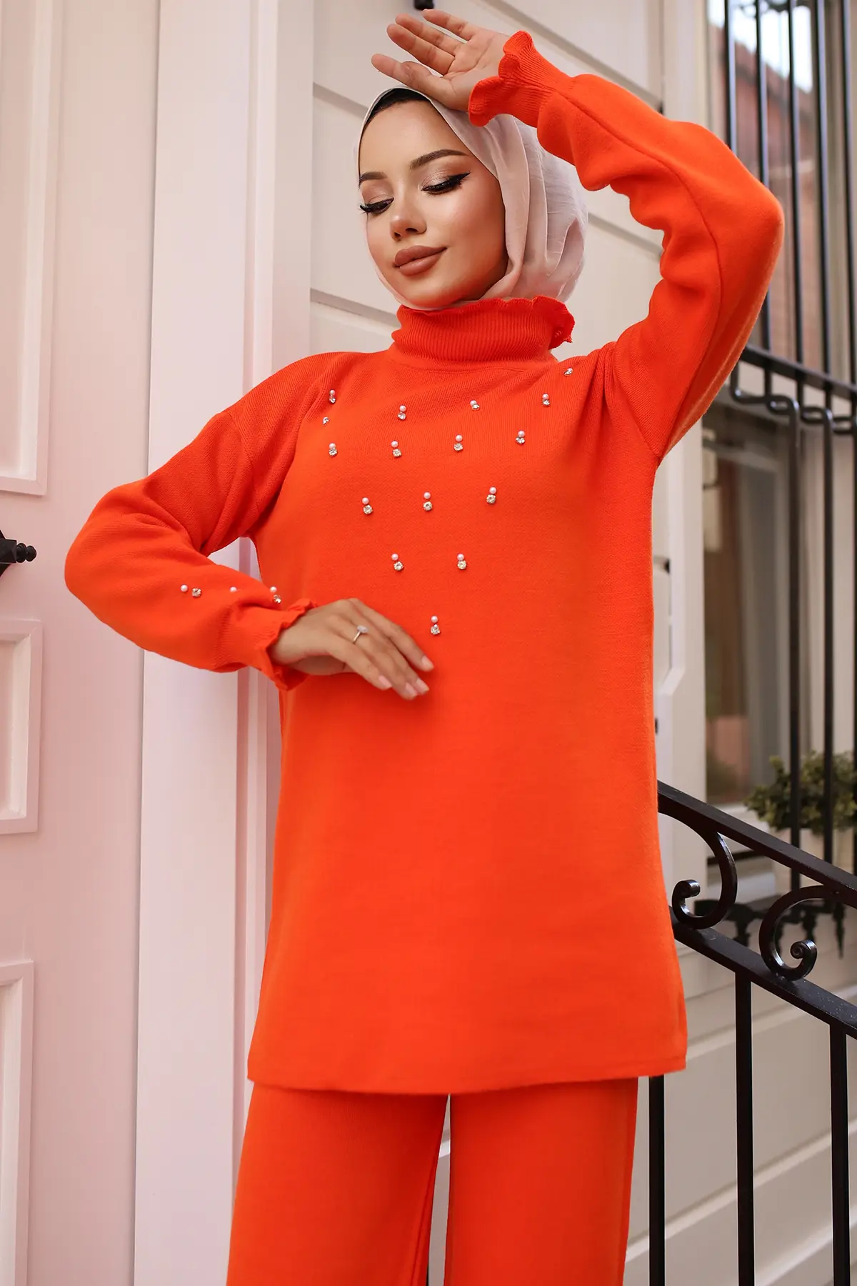 6077 Taş Detaylı Triko Takım Oranj-detail