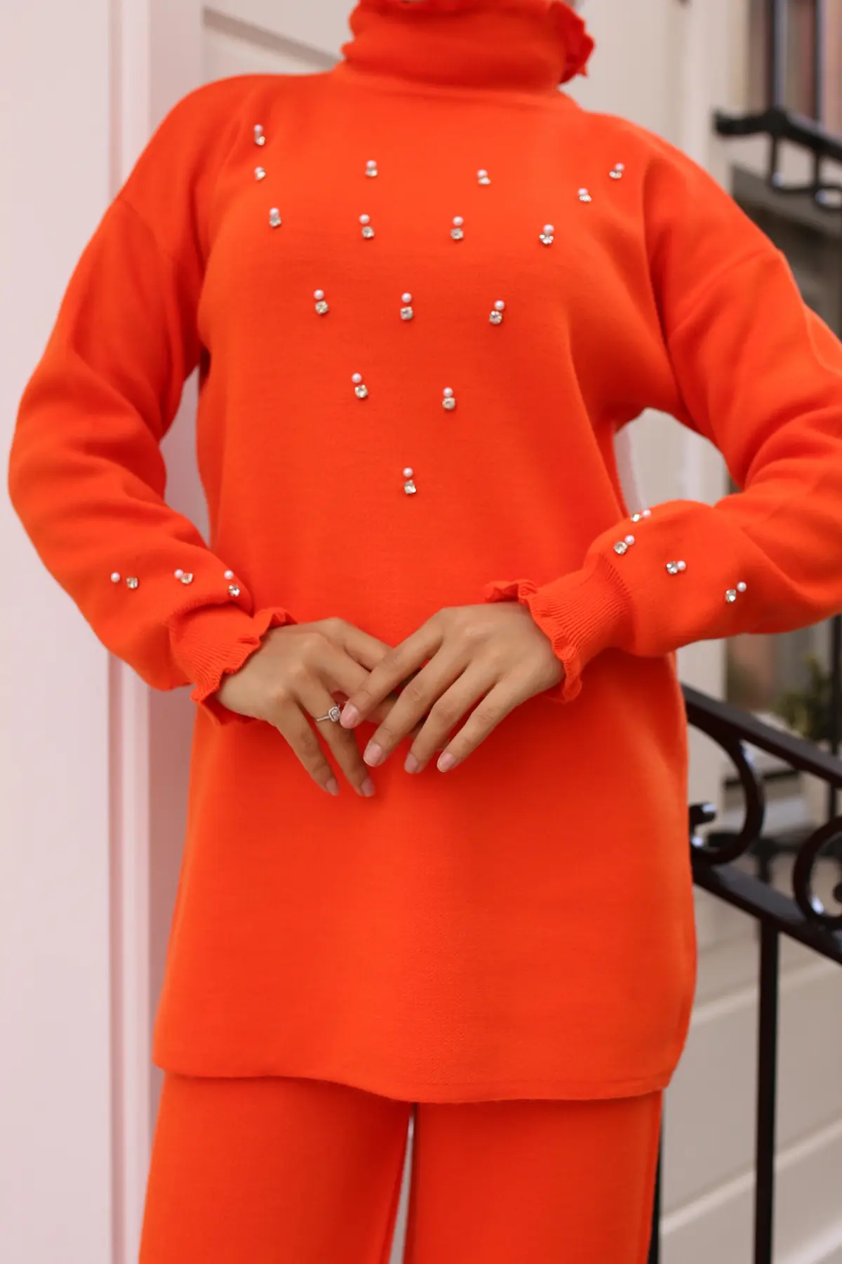 6077 Taş Detaylı Triko Takım Oranj-detail