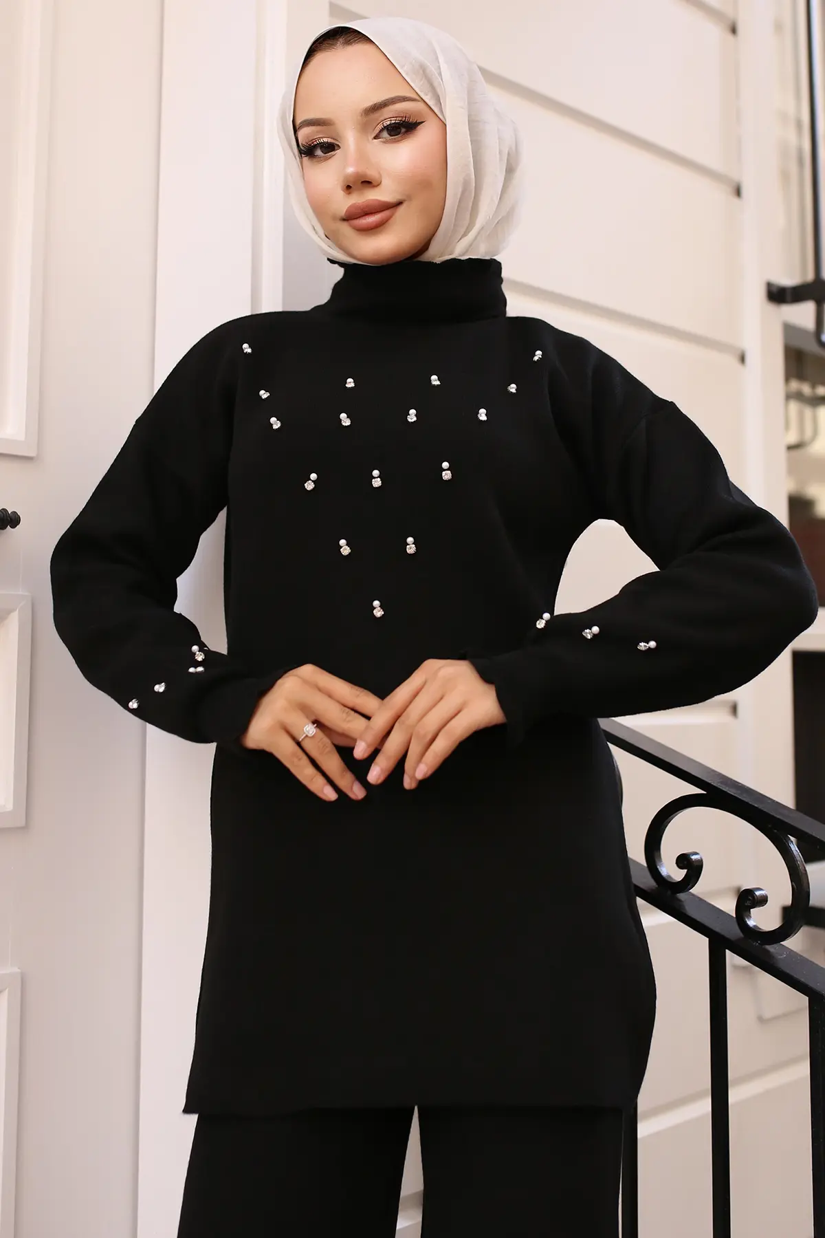 6077 Taş Detaylı Triko Takım Siyah-detail