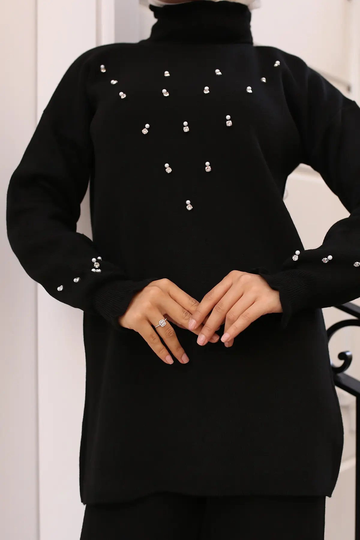 6077 Taş Detaylı Triko Takım Siyah-detail