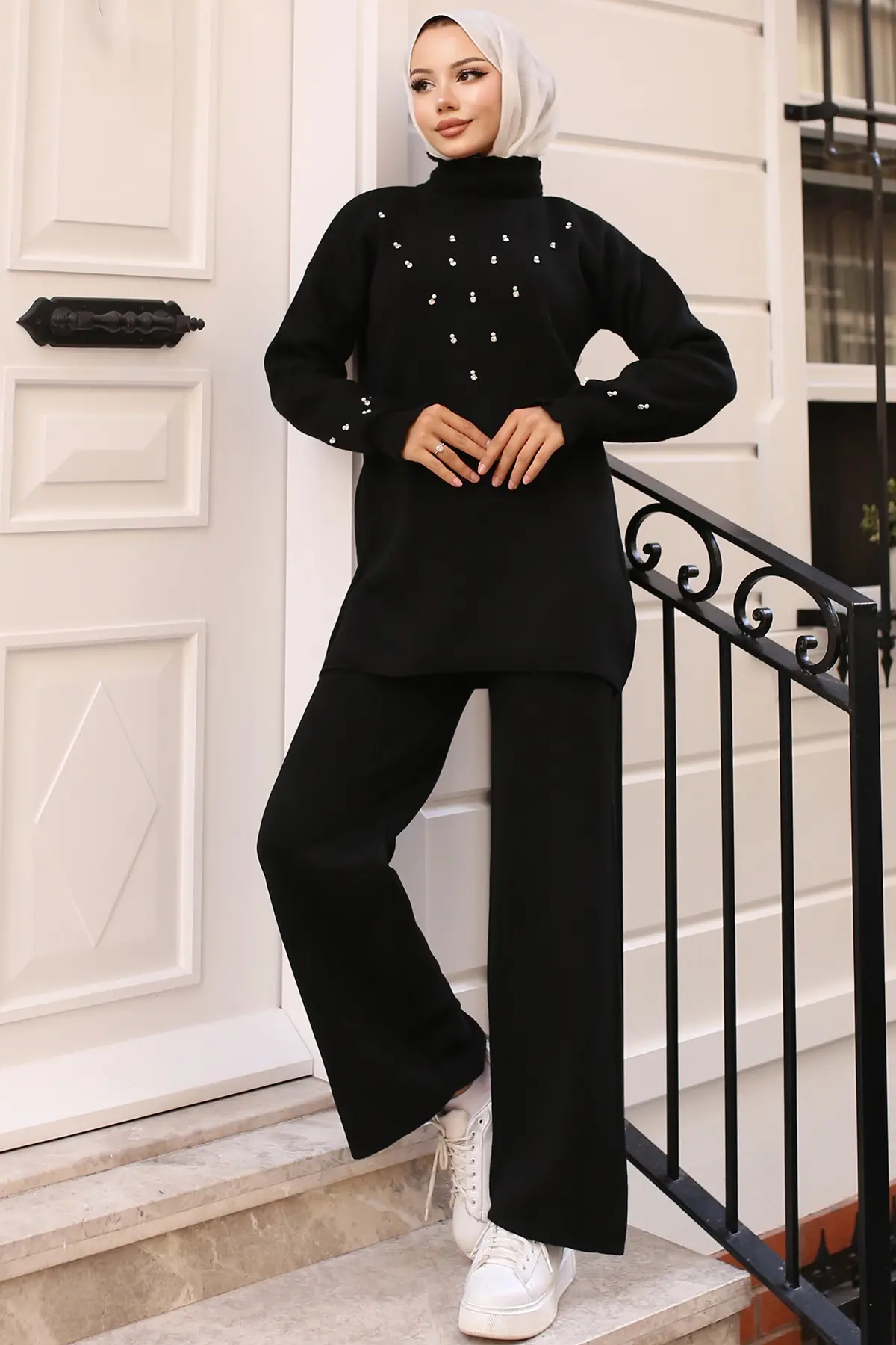 6077 Taş Detaylı Triko Takım Siyah-detail