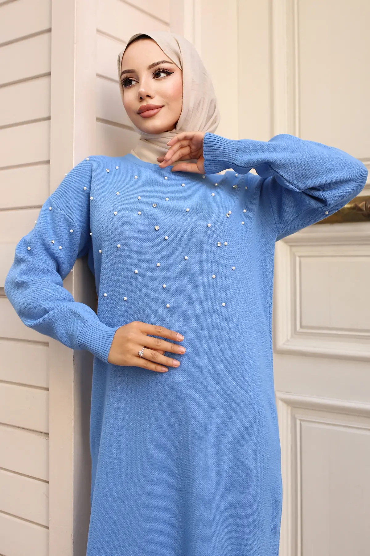 6079 İnci Detaylı Triko Elbise Mavi-detail
