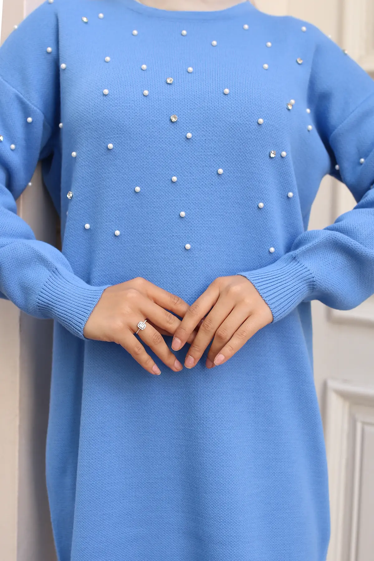 6079 İnci Detaylı Triko Elbise Mavi-detail