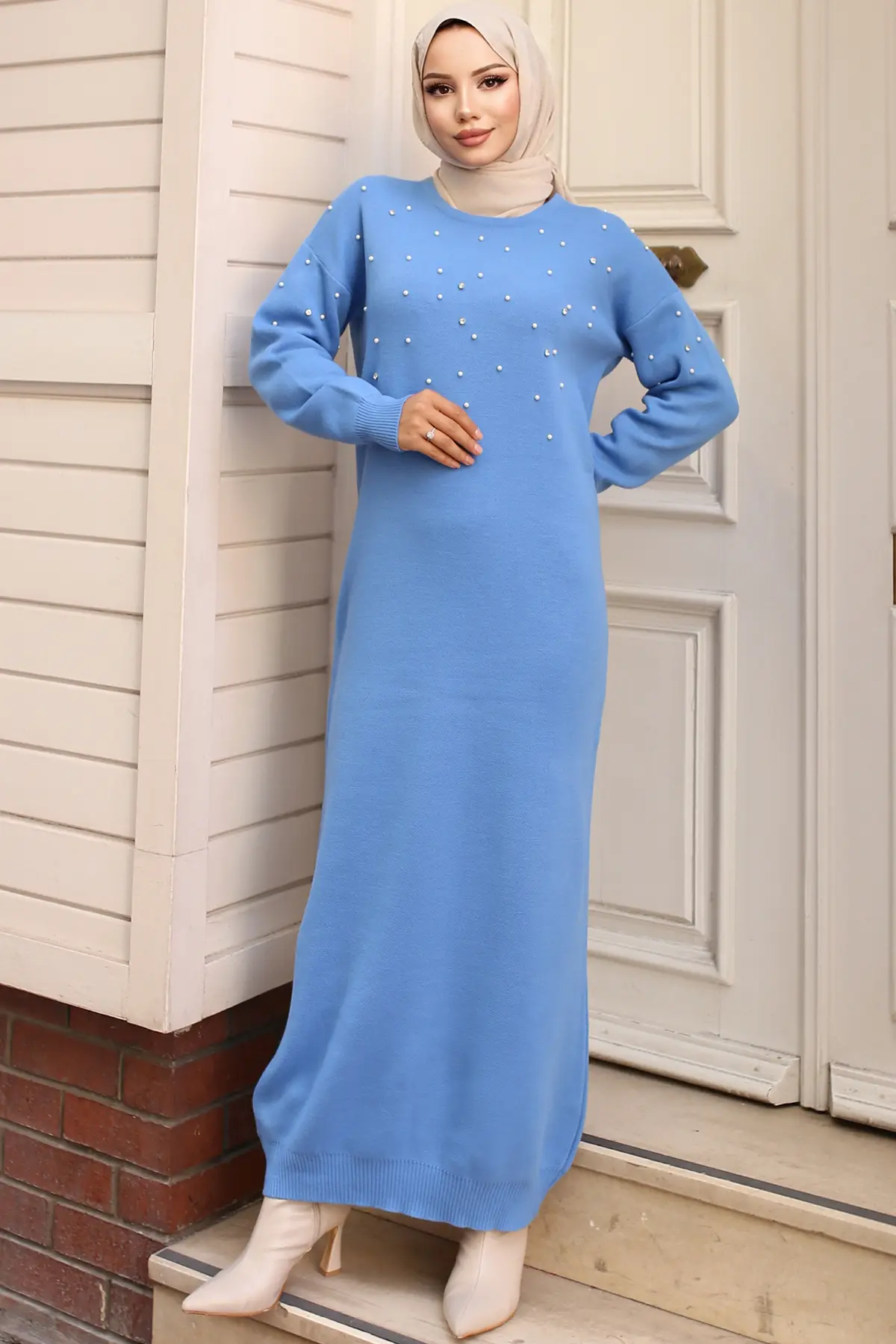 6079 İnci Detaylı Triko Elbise Mavi-detail