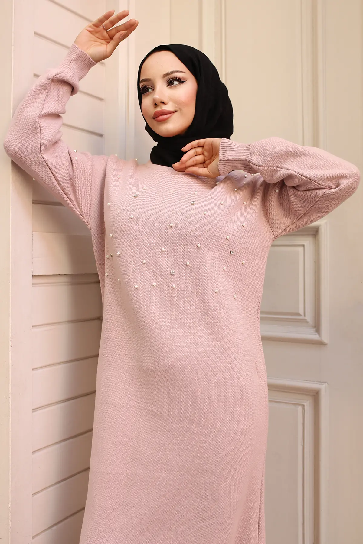 6079 İnci Detaylı Triko Elbise Pudra-detail