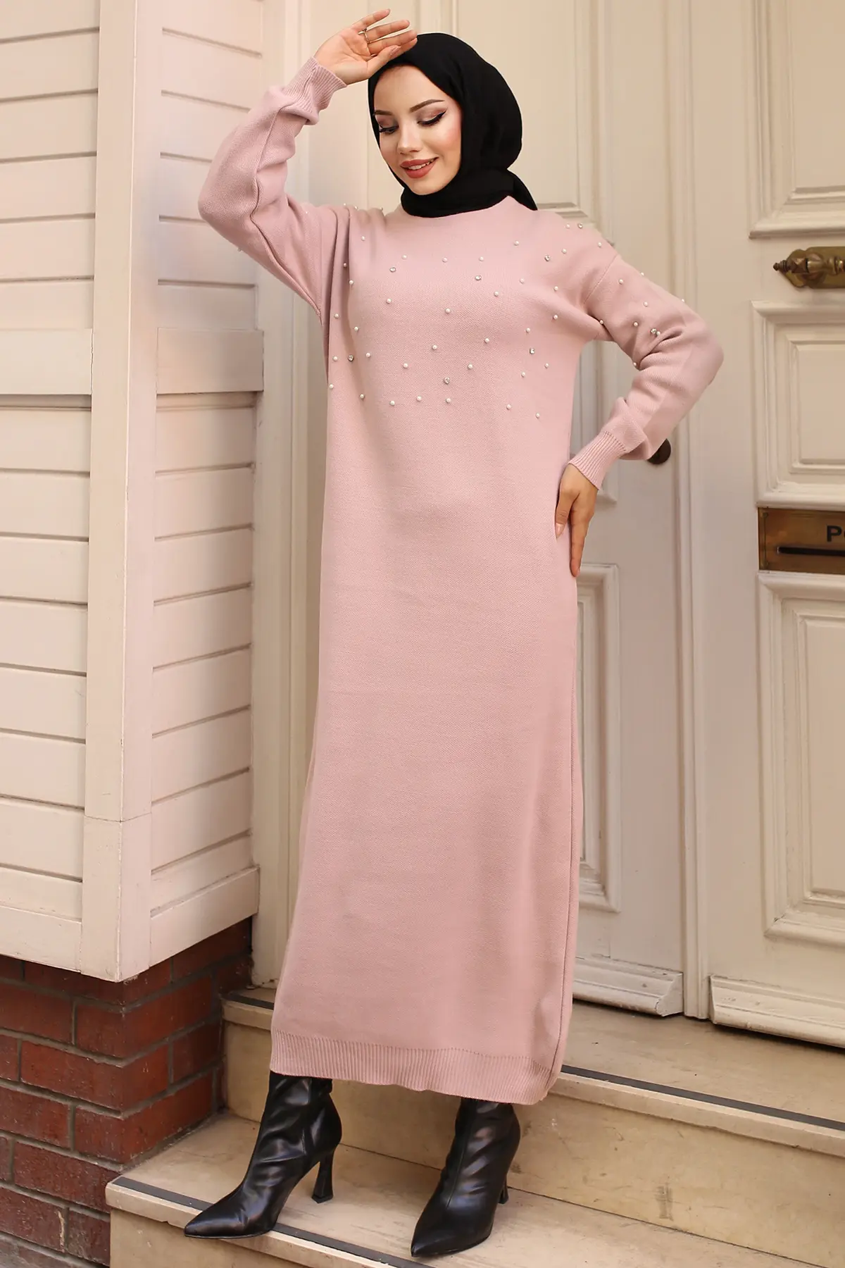 6079 İnci Detaylı Triko Elbise Pudra-detail