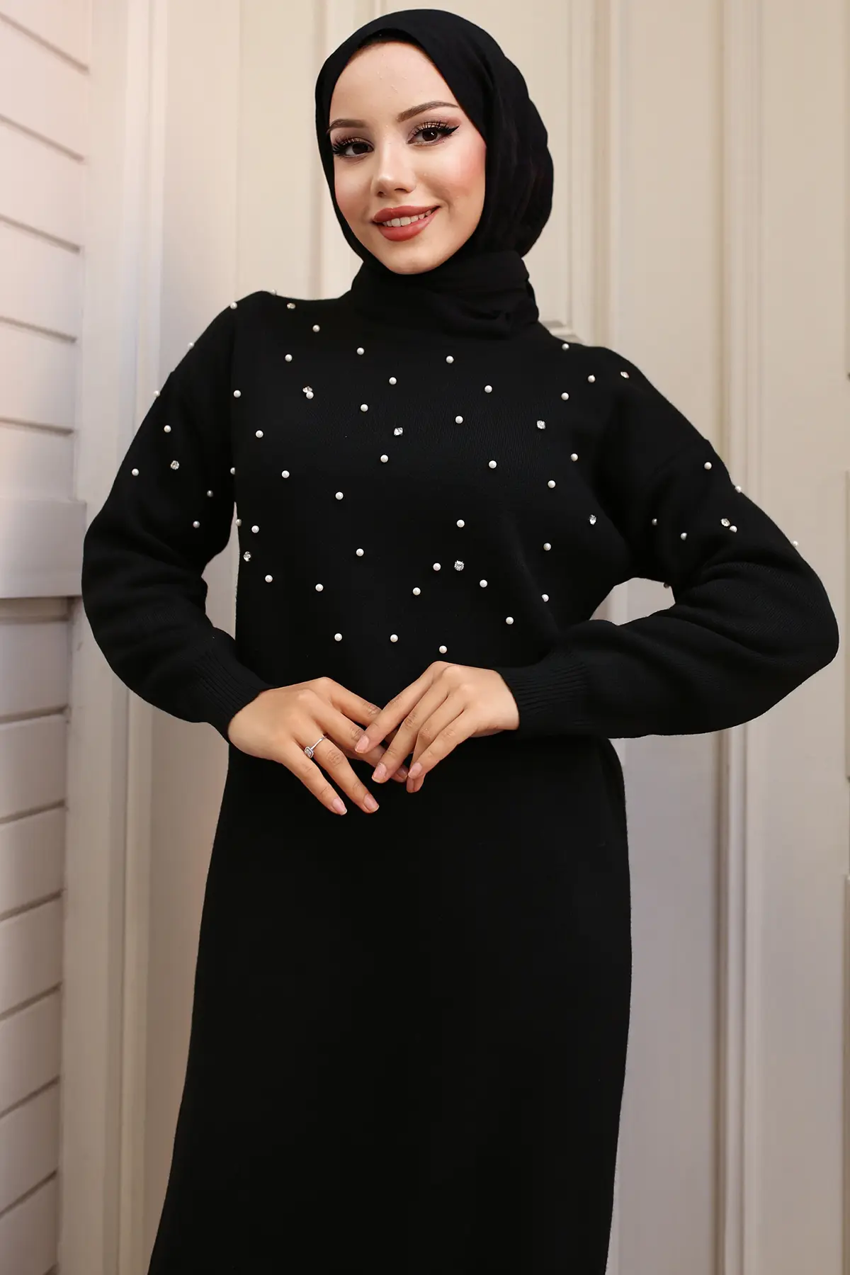 6079 İnci Detaylı Triko Elbise Siyah-detail