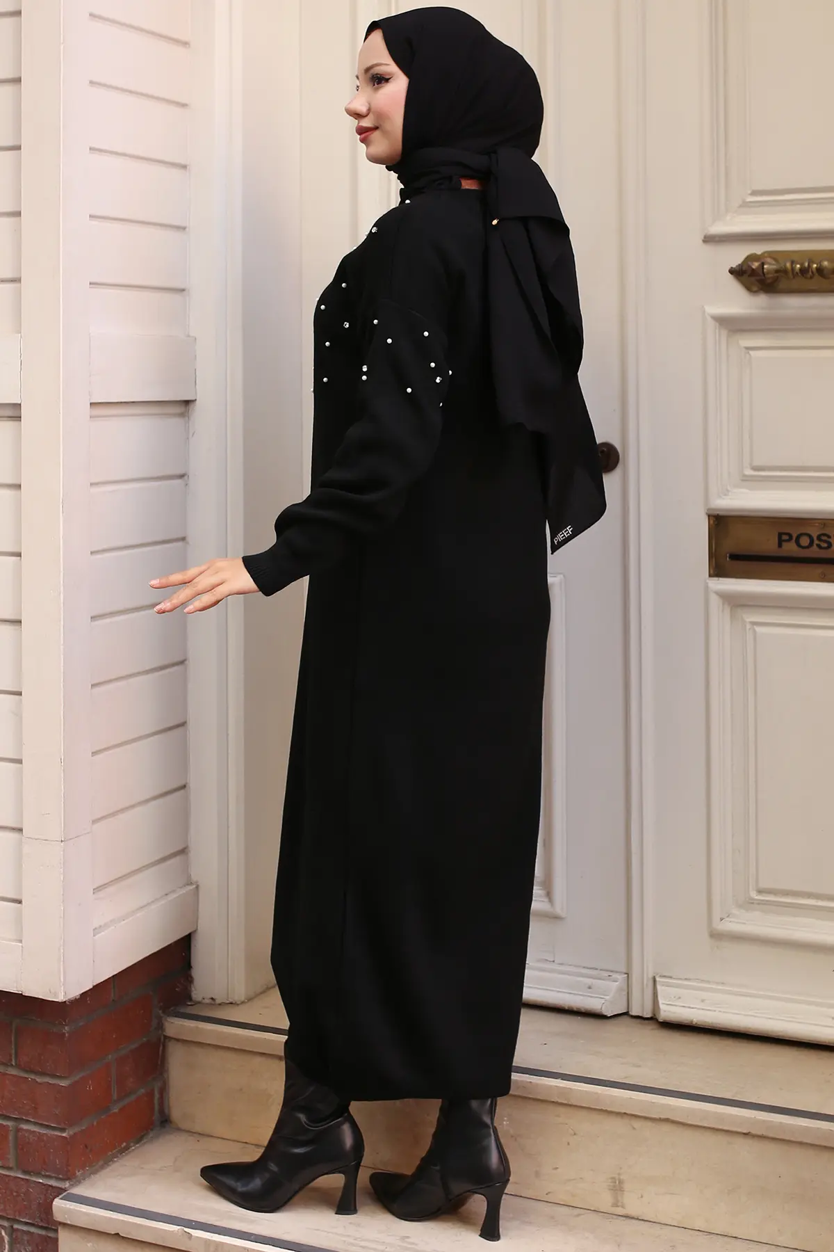 6079 İnci Detaylı Triko Elbise Siyah-detail