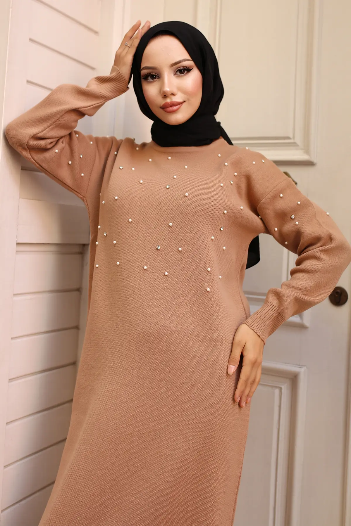 6079 İnci Detaylı Triko Elbise Vizon-detail