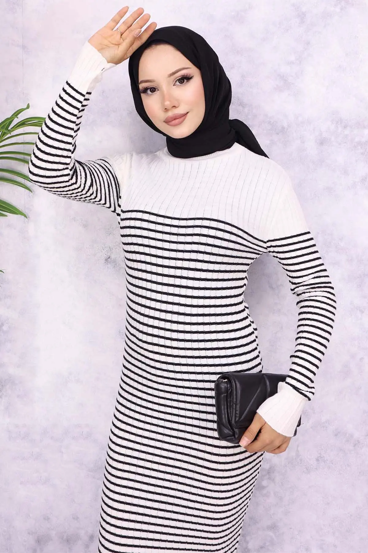 6104 Balıkçı Yaka Çizgili Elbise Ekru-detail