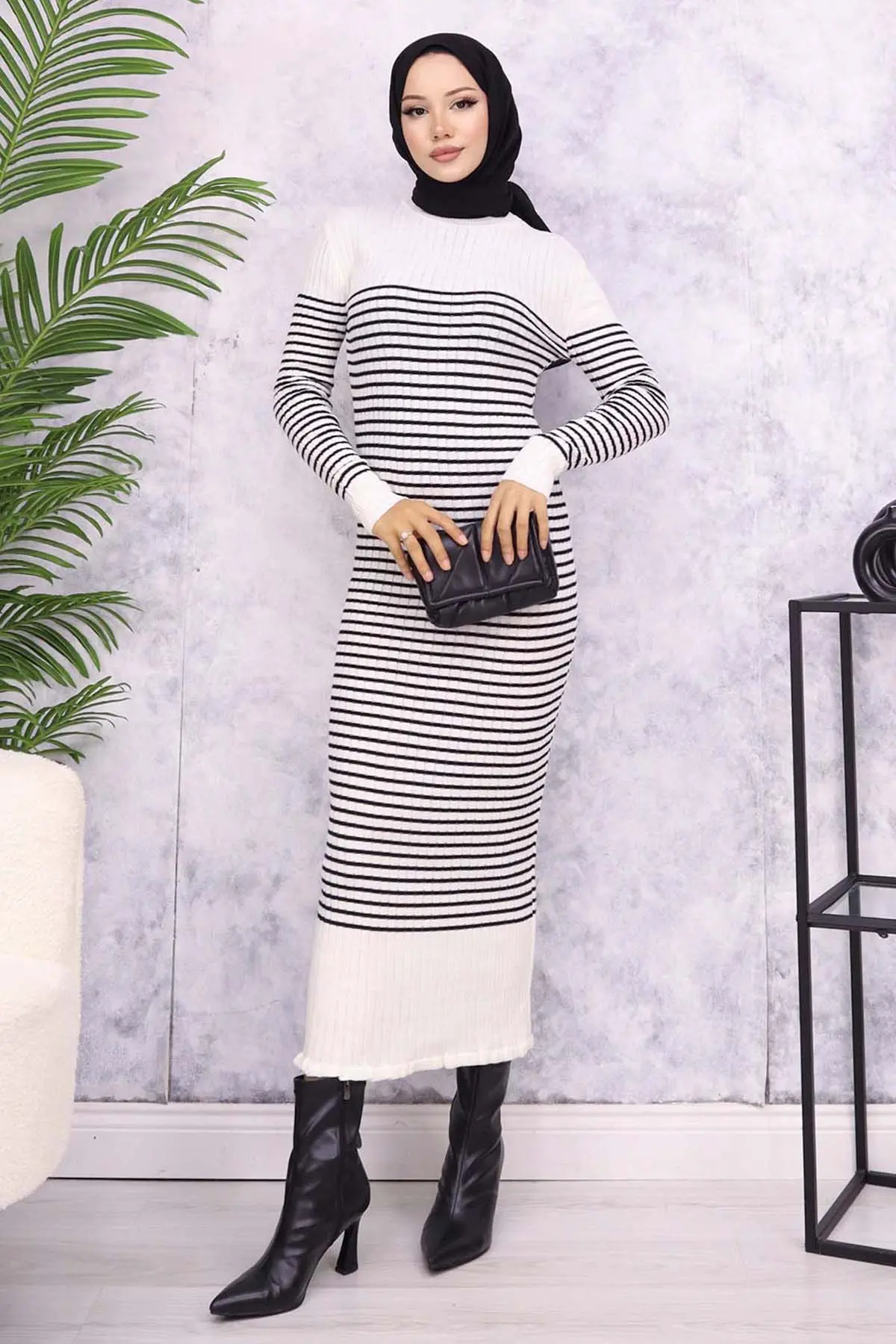 6104 Balıkçı Yaka Çizgili Elbise Ekru-detail