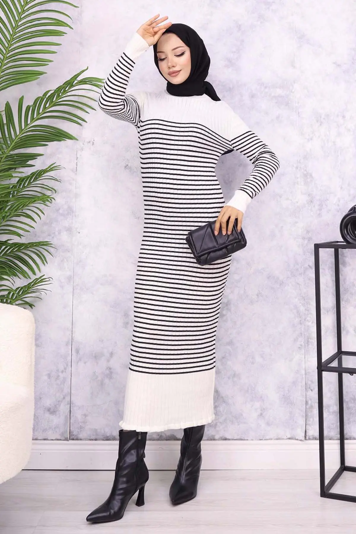 6104 Balıkçı Yaka Çizgili Elbise Ekru-detail