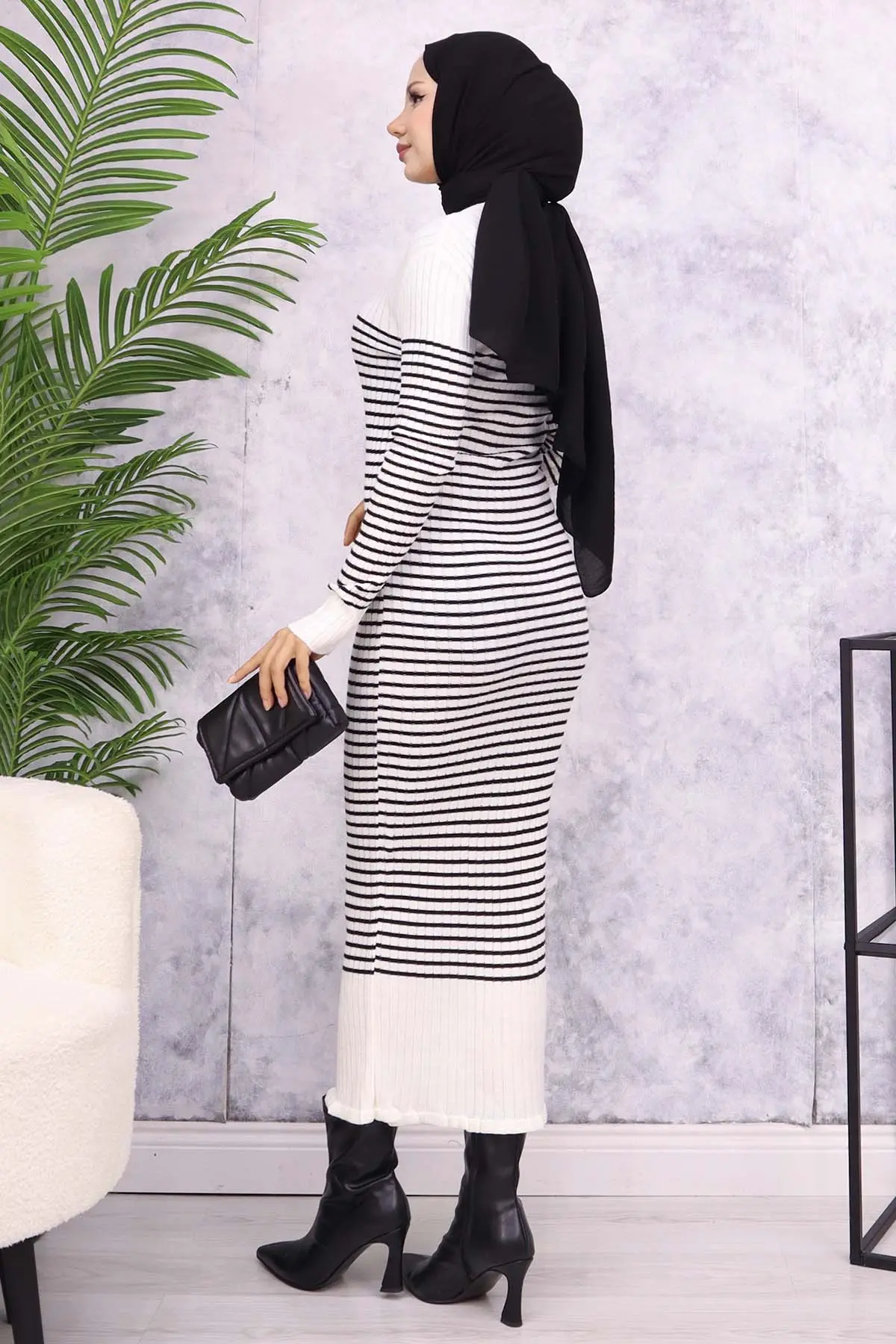 6104 Balıkçı Yaka Çizgili Elbise Ekru-detail