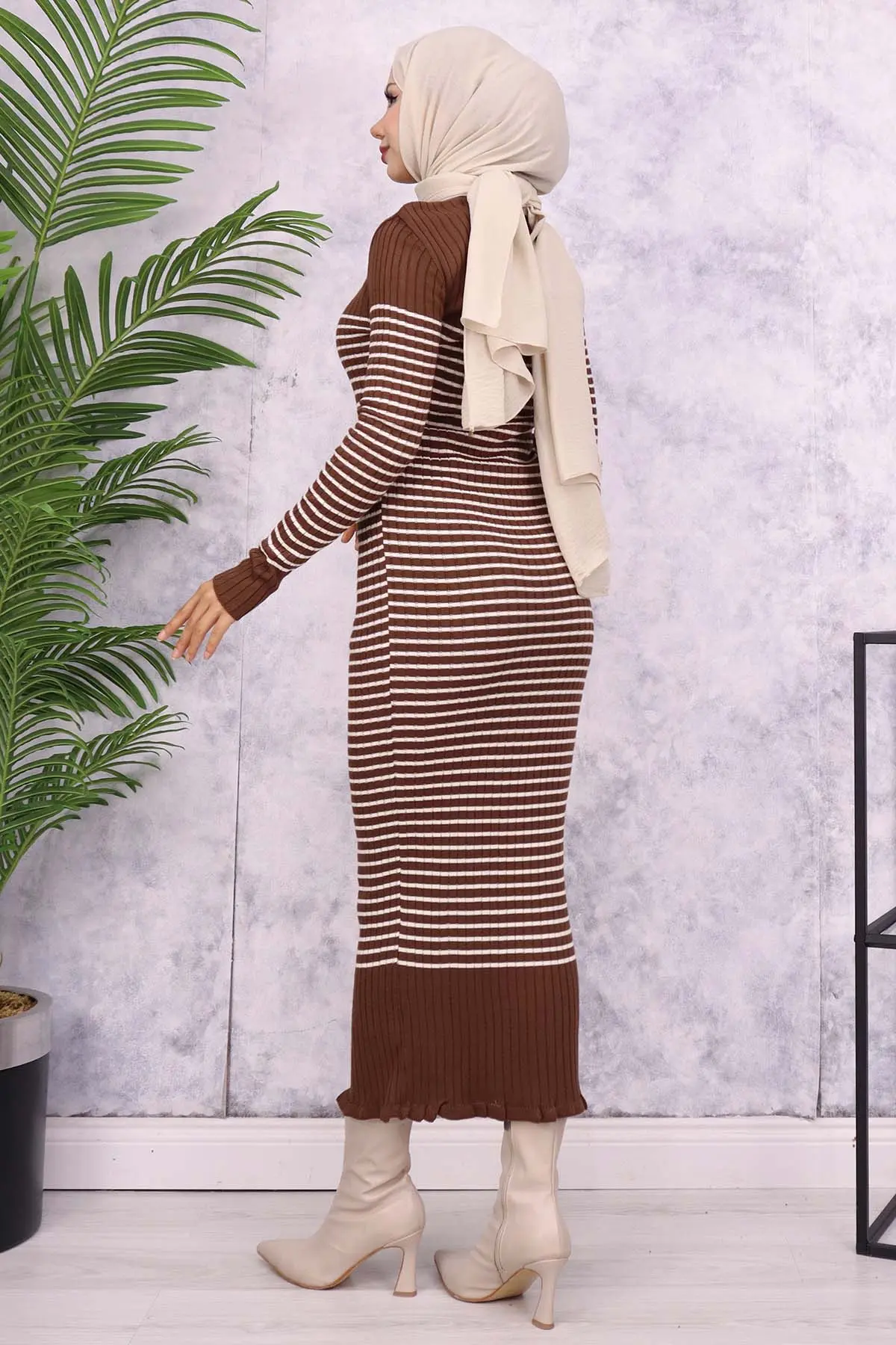 6104 Balıkçı Yaka Çizgili Elbise Kahverengi-detail