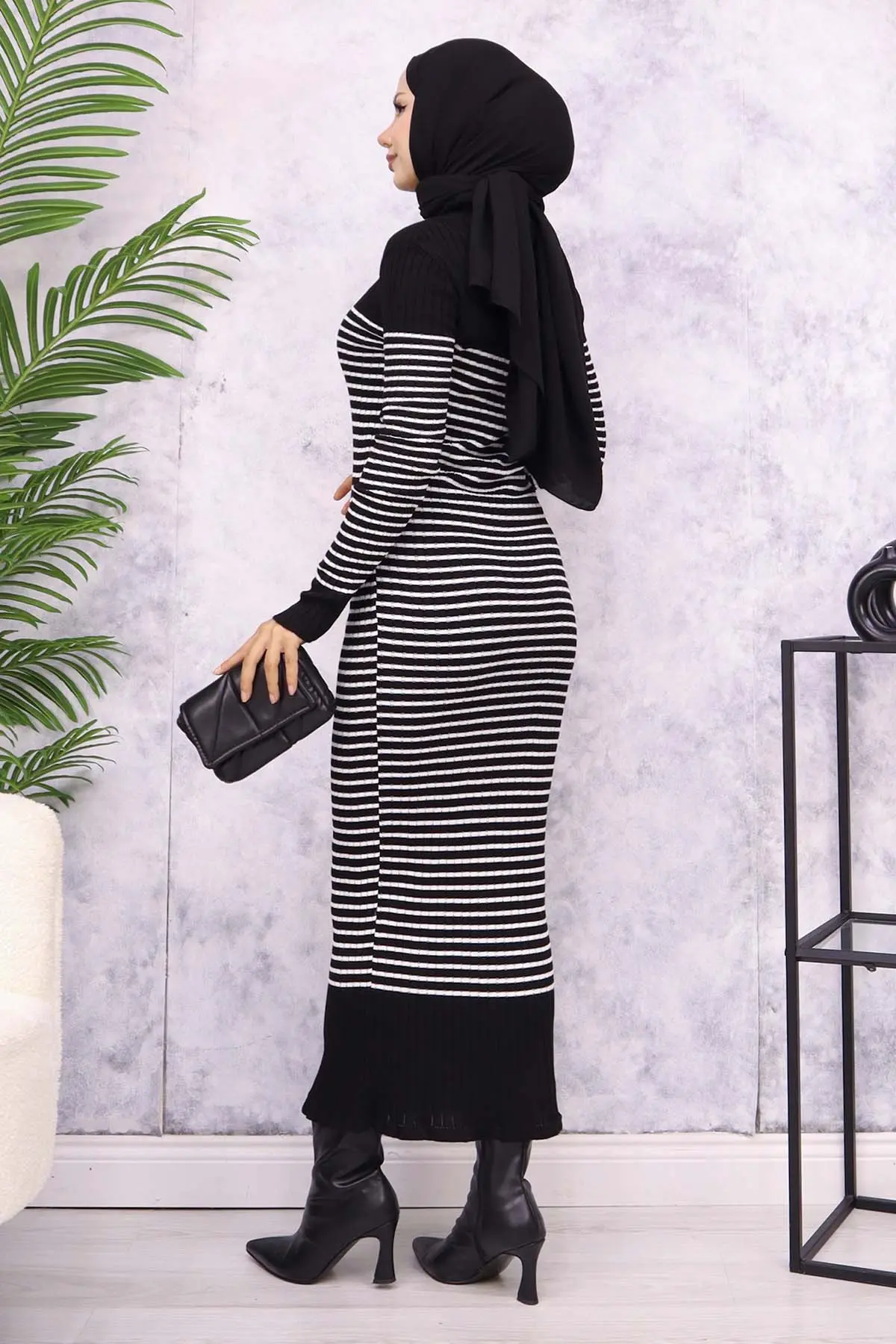 6104 Balıkçı Yaka Çizgili Elbise Siyah-detail