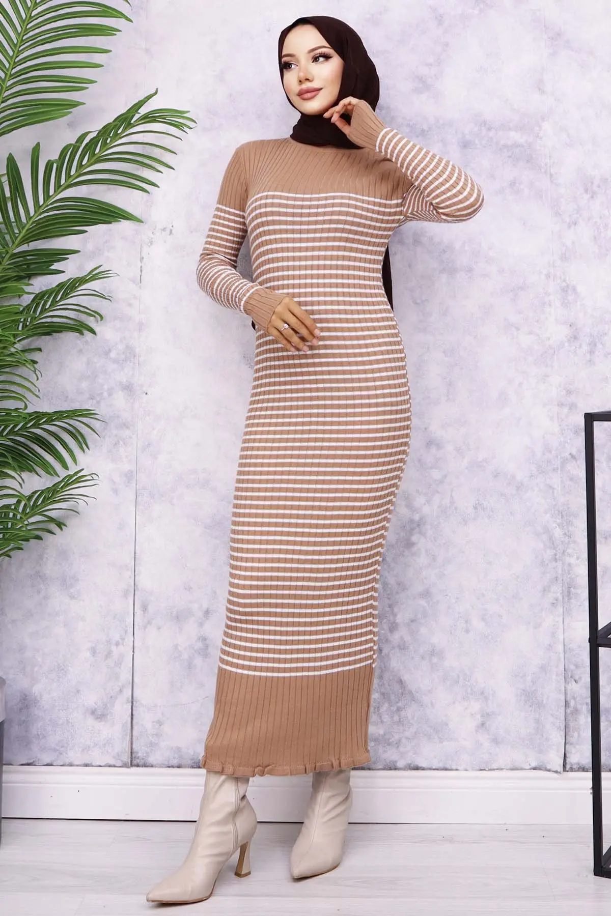 6104 Balıkçı Yaka Çizgili Elbise Vizon-detail